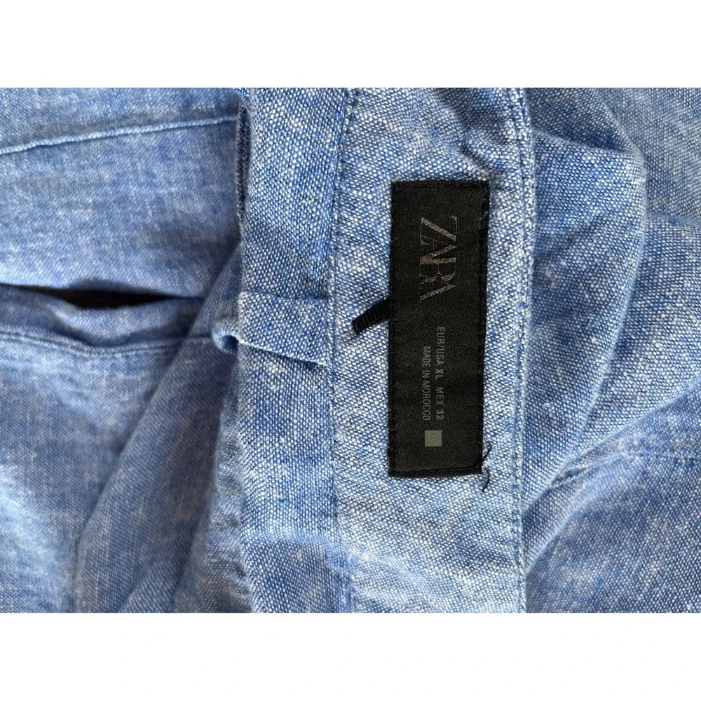 Zara Pants Womens XL Blue Linen Blend High Rise Wide Leg Cropped Patch Pocket
